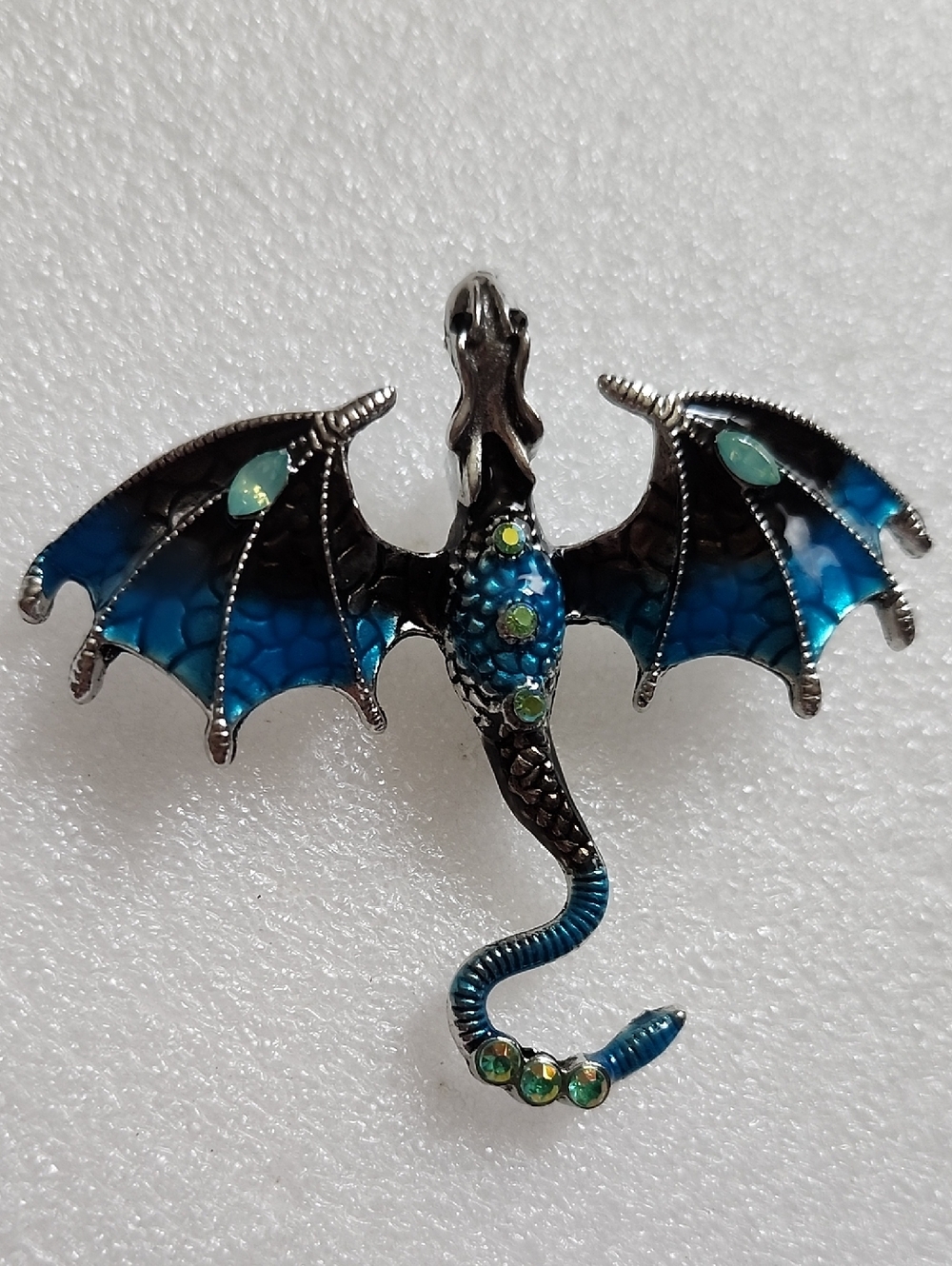 Blue Dragon Wing Brooch with Green Rhinestones